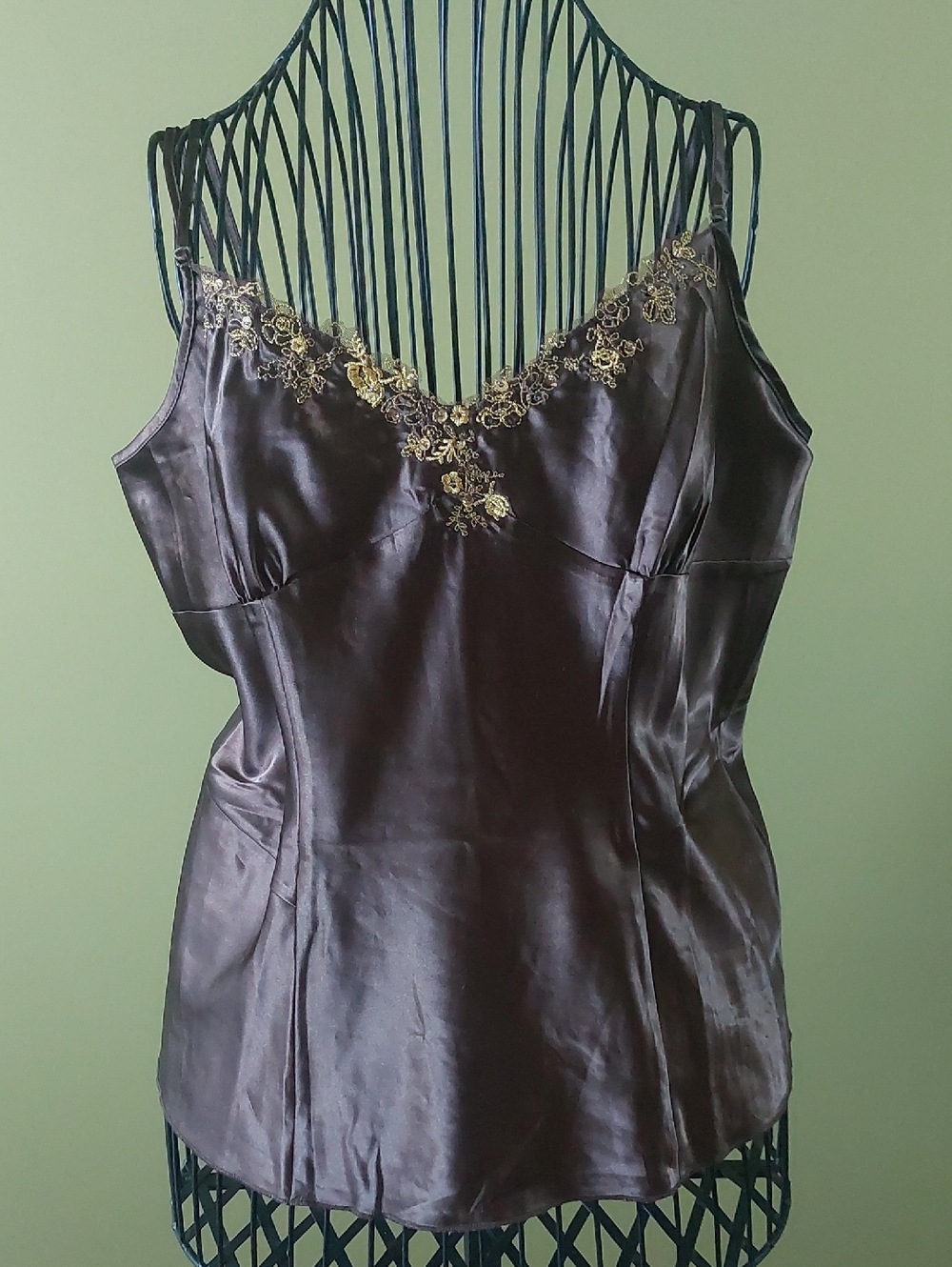 Satin Lace-Trim Camisole in Dark Brown with Gold Accent